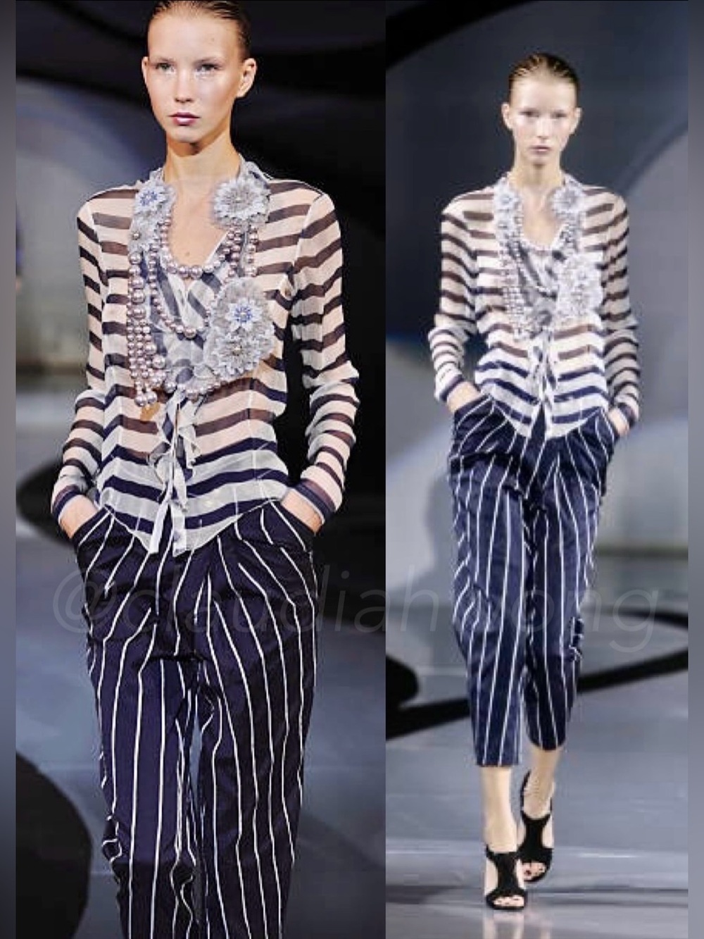 Vintage EMPORIO ARMANI S/S 2009 Stripe Pleated Crop Barrel Pants in Blue White